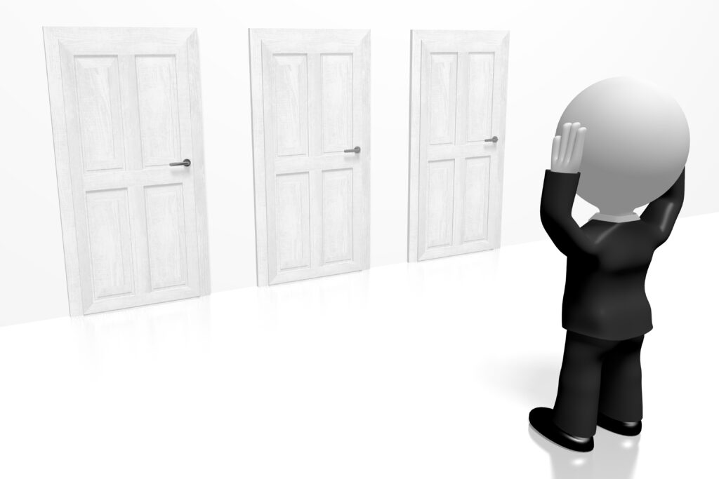 3D cartoon character looking at three white doors confused like looking at the Missouri Law on sex offense tier level